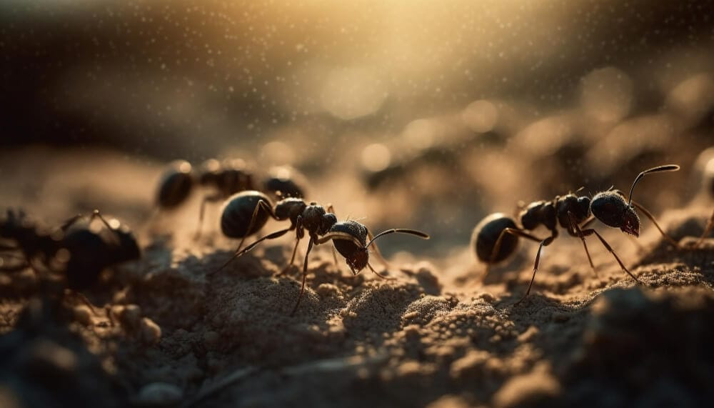 multiple ants walking around close up image of ant from the front